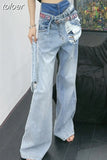 Hole Hollow Out Denim Pant For Women High Waist Patchwork Belt Loose Streetwear Wide Leg Pants Female Spring