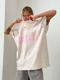 Do Old Water Washing Letter Design Printing Short-Sleeved Women's Spring And Summer Loose Round-Neck T-Shirt Lazy