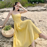 Toloer Yellow Waist Sling Dress Female Summer Summer 2023 New Seaside Resort Gentle Sexy Long