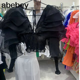 Slim Solid Patchwork Ruffles Lace Up Blouses For Women Deep V Neck Loose Long Sleeve Female 2022 Spring