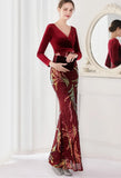 Winter Elegant Velvet With Sequins Deep V Neck Long Sleeve Slit Cocktail Eevening