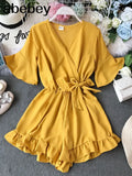 Ruffled Women Playsuits Elastic High Waist Bow Female Jumpsuit Romper Butterfly Sleeve Short Overalls for