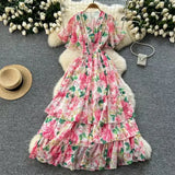 Vintage Gentle Windy Fragmented Flower Dress Summer New High Waist Thin Spinning