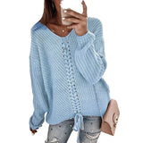 Toloer New Women Long Sleeves Loose V Neck Rope Exposed Back Jumper Knit Sweater Women's