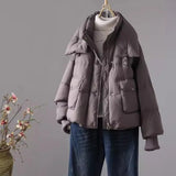 Knit Sleeve Advanced Sense Down Jacket Women's 2024 Winter New Thread Sleeve Standing Collar Warm White Duck Down Short Bread Clothing-Outfit