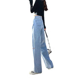 Toloer Hole High Waist Wide Leg Jeans For Girls Fall Students Straight Tube Loose Show Thin Design Sense Pants High Street Ins Tide-Outfit