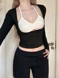 Black Two-piece Halter Patchwork Top-Outfit