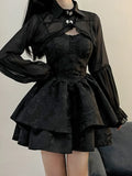 Style Spice Girl Suit Women's Spring And Autumn Short Sunscreen Shoulder Jacket Waist Sling Fluffy Skirt Two-Piece Set-Outfit