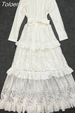Lace Solid Dresses Female Round Neck Long Sleeve Patchwork Bowknot High Waist Ruffles Dress For Women Summer Fashion