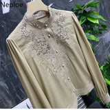 Toloer Blouses Womens Clothes Tops Vintage Blusas De Mujer Stand Collar Embroidery Blouse Korean Fashion Long Sleeve Shirt 1215-1-Outfit