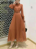 New Spring Summer Temperament half high collar long sleeve Dress high waist lace up waist mid-length A-line Pleated