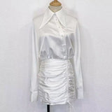 Korean Fashion White Dress For Women Lapel Long Sleeve High Waist Solid Fold Pleated Mini Dresses Female