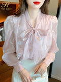 Han Queen Autumn Puff Sleeve Office Blusas Lace-Up Bow Vintage Embroidery Tops Chiffon Blouses Women Long Sleeve Casual Shirts-Outfit