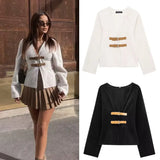 Women's Clothing 2025 Spring New Fashion V-Neck PU Leather Tripling With Soft