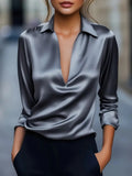 Autumn Temperament Simple V-Neck Shirt Long-Sleeved Shirt