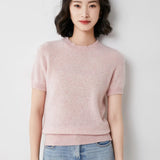 Toloer Female Round Collar Loose T-Shirt Inside Build Sweater Spring Autumn Base Outside Wear Short Sleeve Hair-Outfit