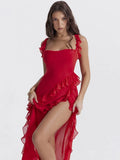 Red Ruffle Split Maxi Dress-Outfit