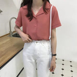 Toloer Spring And Summer College Style Retro Korean Version Of Professional Suit Collar Turn Students Short Sleeve Shirt Female Pure Color Top
