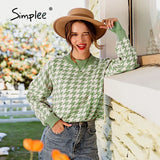 Simplee Women geometric khaki knitted sweater women casual Houndstooth lady pullover sweater female Autumn winter retro