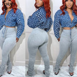 Fall Long Sleeve Blue Plaid Print Denim Jacket Street Casual Fashion Short Coat Women Clothing Pocket Zipper