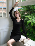 New Autumn 2024 V-Collar Hanging Neck Long-Sleeved Knitted Dress Shows A Slim Figure And A Bottom-Bagged Hip Dress.-Outfit