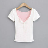 Trendy Women's Dress Is Sweet And Pure To Make Waves, Slim Short-Sleeved T-Shirt, Short-Style Navel Top + Small Suspenders Inside.-Outfit