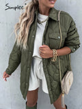 Simplee Oversize geometric printed winter quilted coats for women Casual soft down jacket female 2021 Fashion army green