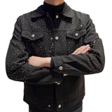 And Leisure Autumn Trend Full Of Stars Hot Diamond High Sense Loose Denim Coat Collar Men 2025