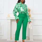 New Fashion Print Strap Long-Sleeved Top High-Waisted Trousers