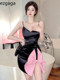 Spaghetti Strap Dresses Women Bow Beaded V Neck Split Patchwork Backless Sexy Party Dress Black Vintage Ladies Fashion-Outfit