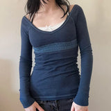 Patchwork Lace Trim Long Sleeve Top-Outfit