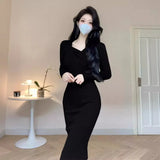 Autumn / Winter Core-Spun Yarn Knitted Long-Sleeved Dress V-Collar Slim Black Medium-Long Slit Hip Skirt-Outfit
