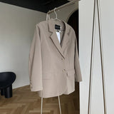 Breasted Shoulder Pad Flap Pocket Front Plus Blazer Pink Green Gray Autumn Casual Oversize Women