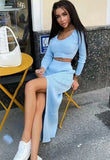 Spring Pure Color Long-Sleeved Fashion Sexy Split Long Skirt Two-piece