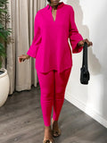 Women's 2025 Autumn And Winter Fashion Style Pure Color V-Neck Long-Sleeve Top Pants African