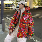 Chinese Wind Northeast Big Flower Hooded Cotton-Padded Jacket Man Thick Warm Cold Cotton-Padded Jacket Coat Rural Festival Cotton-Padded Jacket Coat-Outfit
