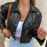 SUCHCUTE Streetwear Fashion Cropped PU Leather Jackets 90s Outfits Buttons Up Pockets Solid Basic Autumn Jacket Women's