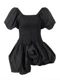 Black Mini Dress For Women Square Collar Short Sleeve High Waist Casual Solid Dresses Female Fashion Clothing