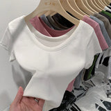 V-Neck Shoulder T-Shirt Women's Short-Sleeved Summer New Slim And Skinny Short-Bottomed Blouse-Outfit
