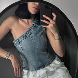 Asymmetrical Collar Retro Denim Breast Wrap Blouse