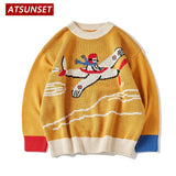 Cartoon Airplane Embroidery Sweater Harajuku Retro Style Knitted Sweater Autumn And Winter Cotton Pullover