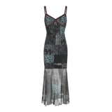 Toloer Floral Lace Stitching Chest V Neck Sling Dress Female V Neck Show Thin Gauze Dress Long Skirt-Outfit