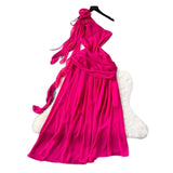Three-Dimensional Flowers With Slanted Shoulder Dress Women's Folds To Waist Chic Design Irregular Vacation