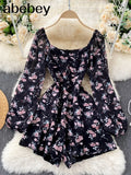 Floral Jumpsuit Women Ruched V Neck Puff Sleeve Office Rompers Autumn Boho Print Holiday Wide Leg Short