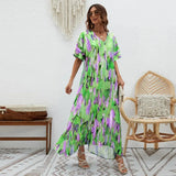 Summer New Elegant Dress V-Neck Print High-Waisted Loose Swing Short-Sleeved Dress