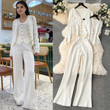 Feel Set 2025 Spring Women's Metal Buckle Vest Knitted Open-Shirt Broad Leg Pants Fashion Three-Piece