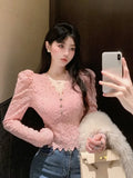 Fashion Shirts Women Puff Loong Sleeve V Neck Autumn Winter Slim Lace Patchwork Crop Tops Female Sexy Elegant Blouse-Outfit