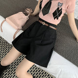 Casual Solid Color Cargo Pants A-Word Wide Leg Pants Five Split Pants With A Belt-Outfit