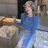 Toloer Tie Long Sleeve T-Shirt Female Spring Fall 2024 New Design Sense Short Top Ins Tide Crop Bottom Shirt-Outfit