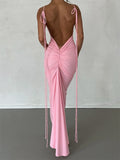 Women Sleeveless Lace-up Strap Sling Dress Summer Backless Ruched Party Long Dress V-neck Slim Fit Sexy Vestidos 2023-Outfit